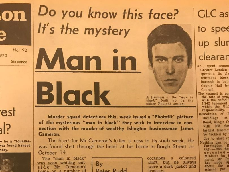 Newspaper clipping featuring a headline about a suspect in the murder of James Cameron, a man dressed in black with a supporting photofit image.
